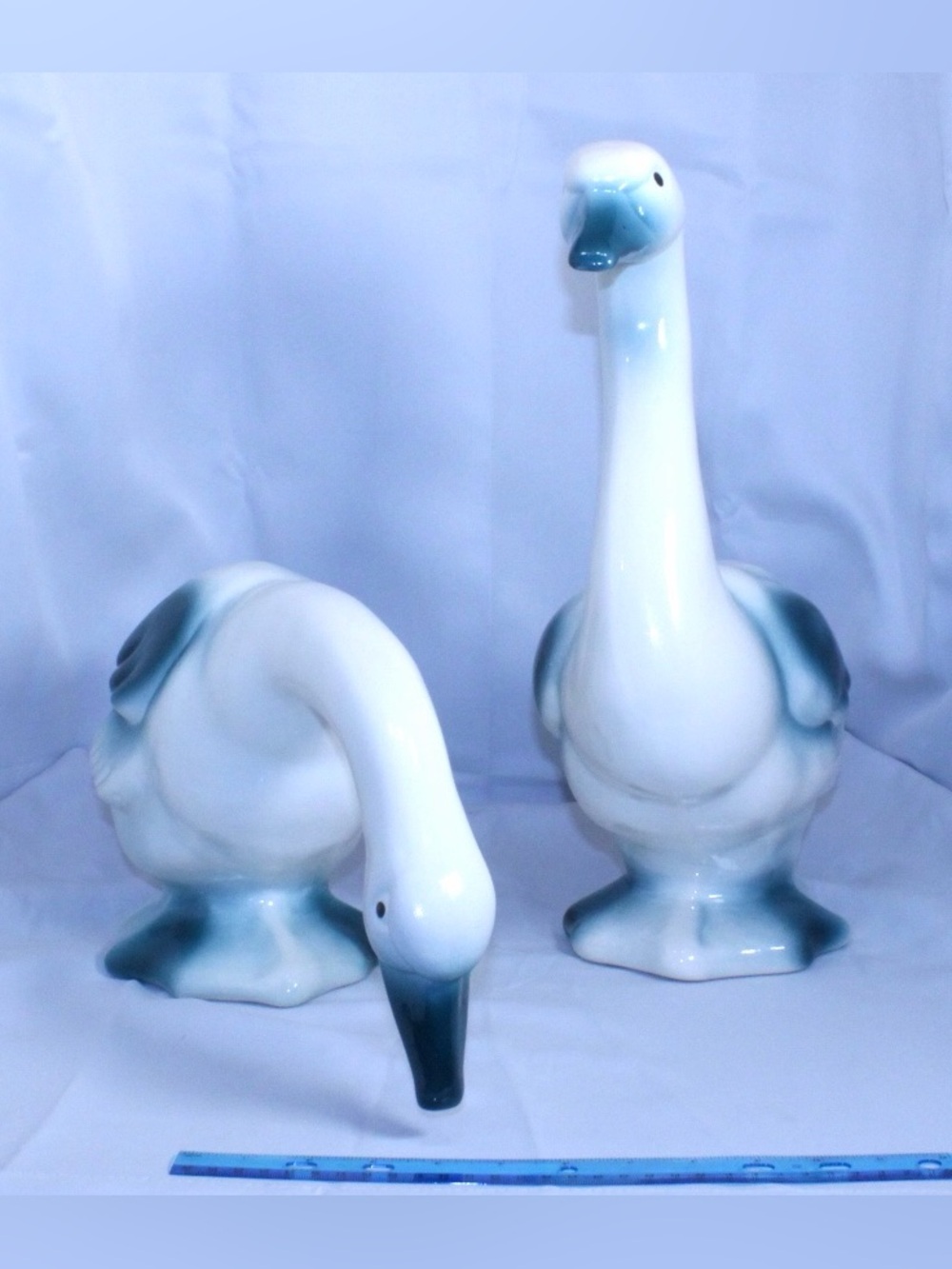 Vintage Porcelain Goose Statue Figurines Set of Two Blue and White Geese